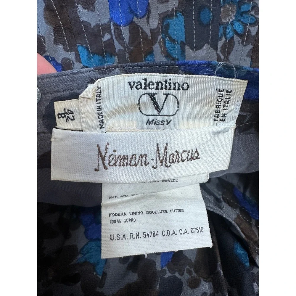 Valentino Miss V Skirt Set 100% Silk Women 8 Blue Brown Floral Pleated Vintage